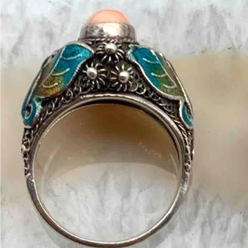 Sterling 925 Silver Angel Skin Coral and Enamel Butterfly 🦋 Ornate Ring 5.5g - Picture 6 of 7